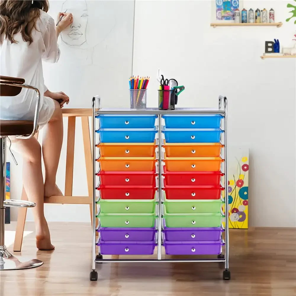 Metal Frame Storage Cart Rolling Bin with Lockable Wheels, Multicolor Kitchen Cart, Shelving