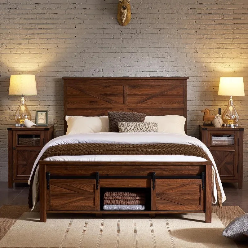 Farmhouse Wood Bed Frame Queen Size with Sliding Barn Door Storage Cabinets and Headboard, Solid Wood Slats