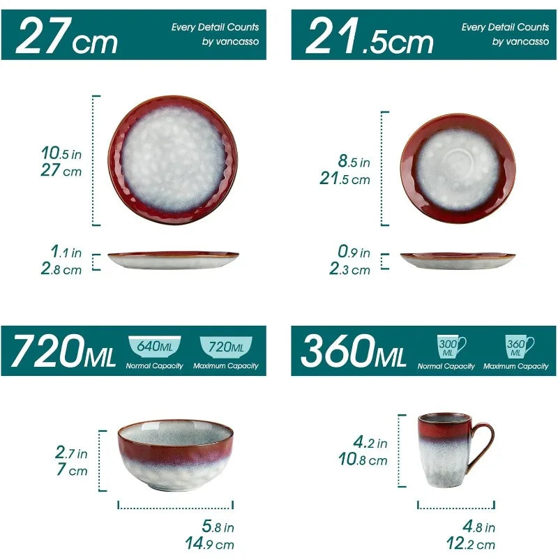 Red Dinnerware Set, Reactive Glaze Dinner Sets, Plates and Bowls Set for 4, 16 Pcs Ceramic Dish Set Stoneware