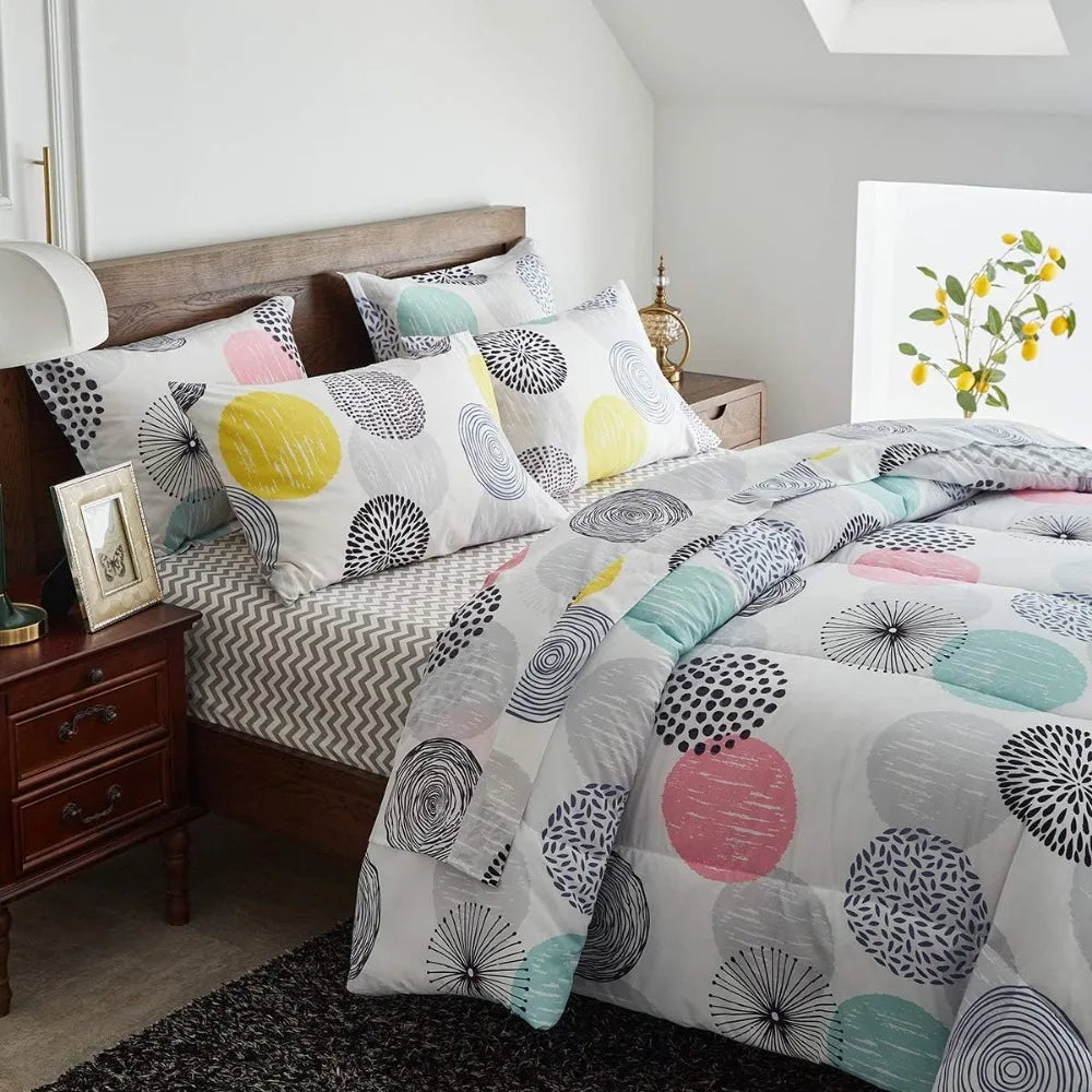 Comforter Sheet Set Queen Size Bed in a Bag - Colorful Dots Style - Soft Microfiber, Spring Soft Duvet Cover Set