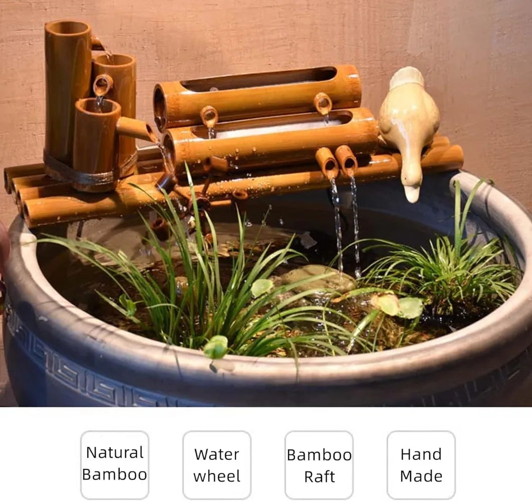 Bamboo Fountain Kit with Water Pump and Solar Fountain, Water Wheel, Feng Shui Zen, 12 Inch