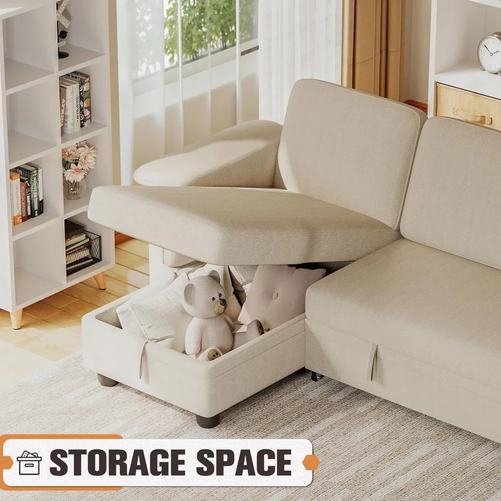 Sleeper Sofa L-Shaped Pull Out Sofa Bed with Storage Space Convertible Sectional Couches for Living Room/Bedroom/Office/