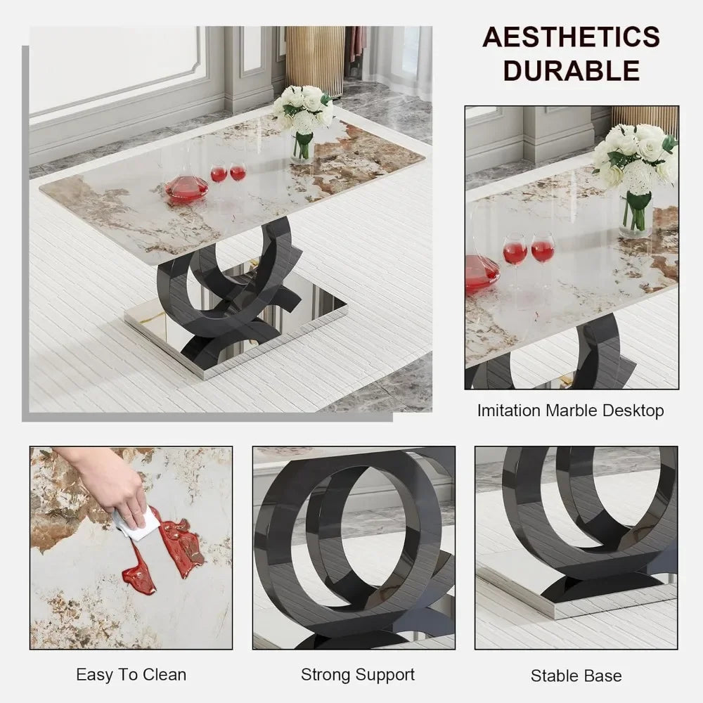 Dining Table Set for 6, PDLB Marble Tabletop & MDF Base, Glass Tables with 6 PU Leather Upholstered Chairs, Dining Room Set