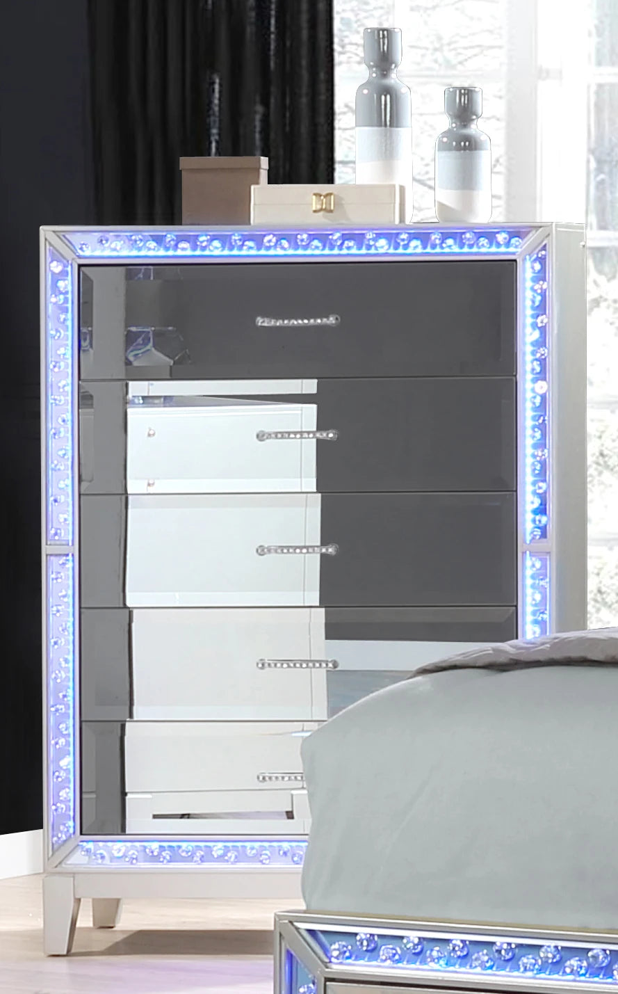 Bedroom Furniture Set Luxury 5 Pc Queen Bed Silver Nightstand Dresser Chest Cabinet Cupboard Forcer with Led