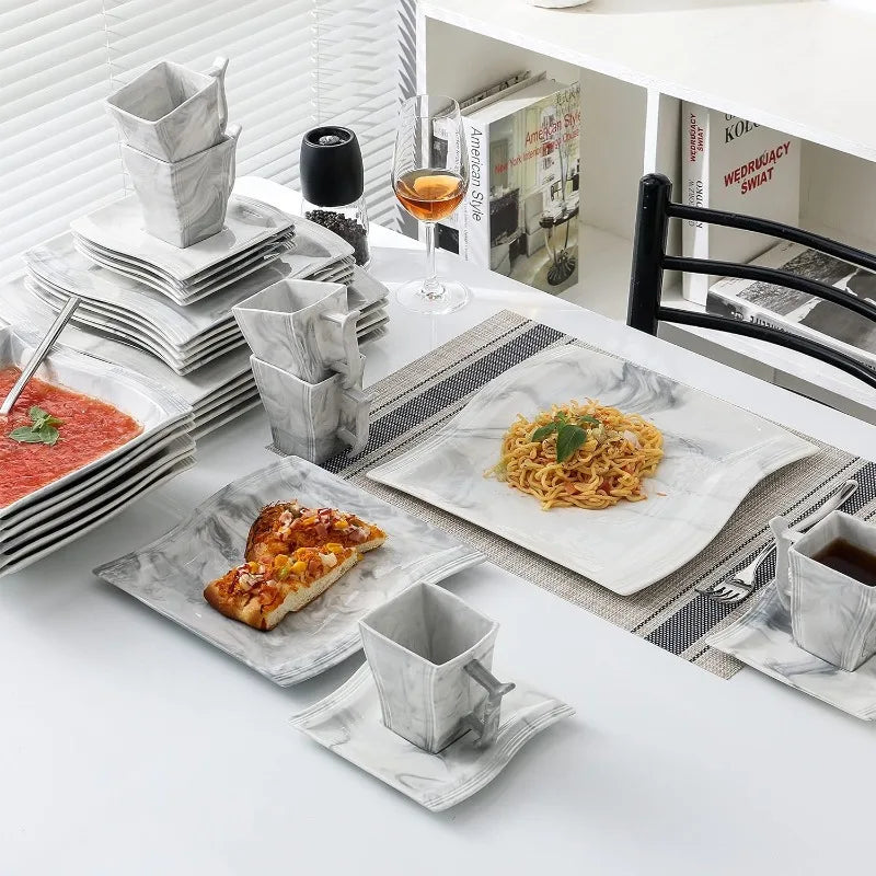 Porcelain Dinnerware Sets, Modern Square Dinner Set Plates and Bowls for Dessert, Salad and Pasta,
