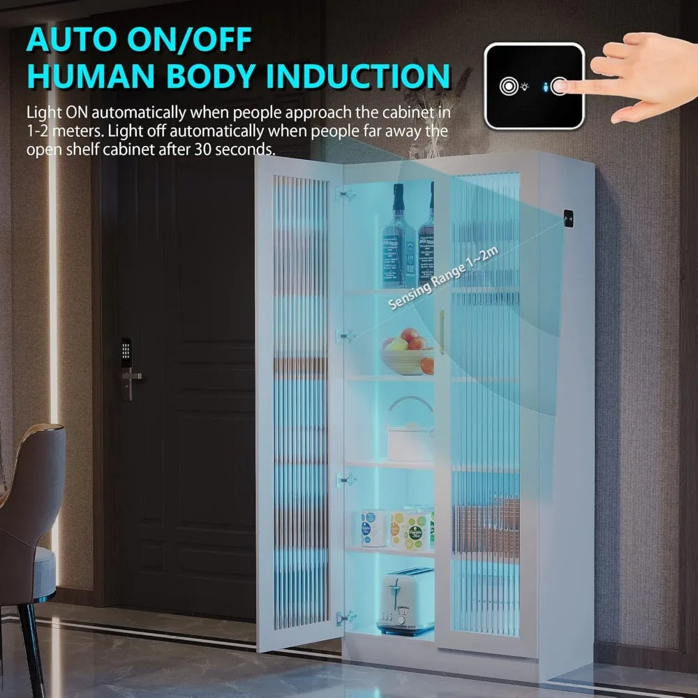 Storage Cabinet with LED Lights, Tall Bookcase Modern Bookshelf White Display Curio Cabinet with 2 Doors and 5-Tier Shelves