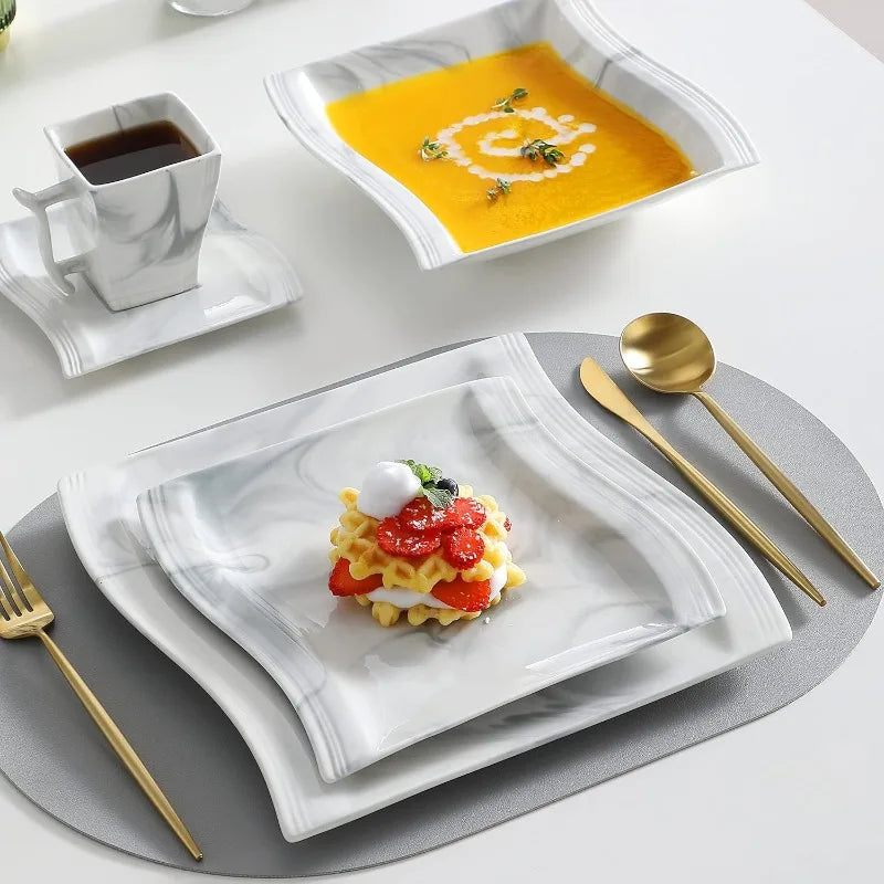 Porcelain Dinnerware Sets, Modern Square Dinner Set Plates and Bowls for Dessert, Salad and Pasta,