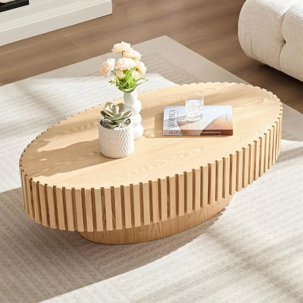 'Oval Drum Coffee Table for Living Room, Handcrafted Relief, Sturdy Pedestal, Wooden Olive-Shaped Tea Table