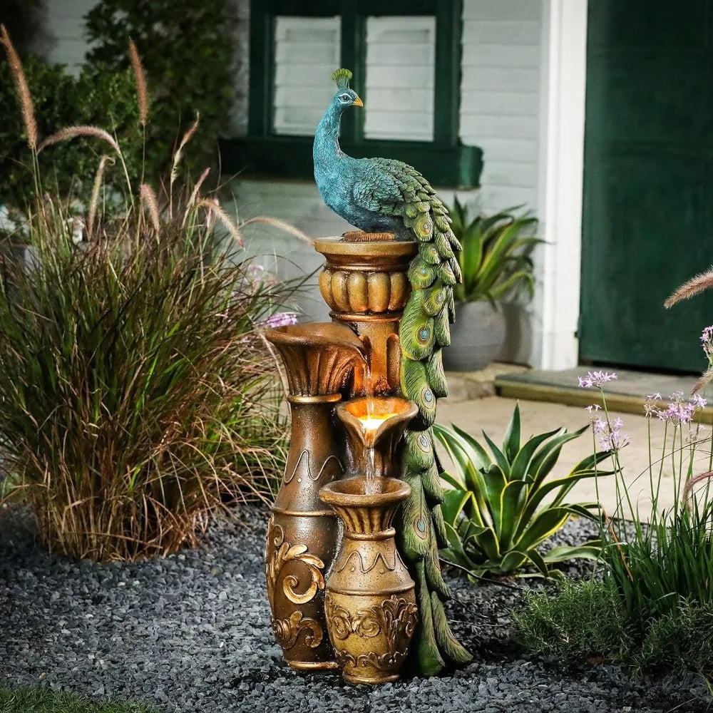 44" Resin Pedestal Peacock and Urns Garden Water Fountain Outdoor with LED Light, Tall Fountains Outdoor for Garden Patio