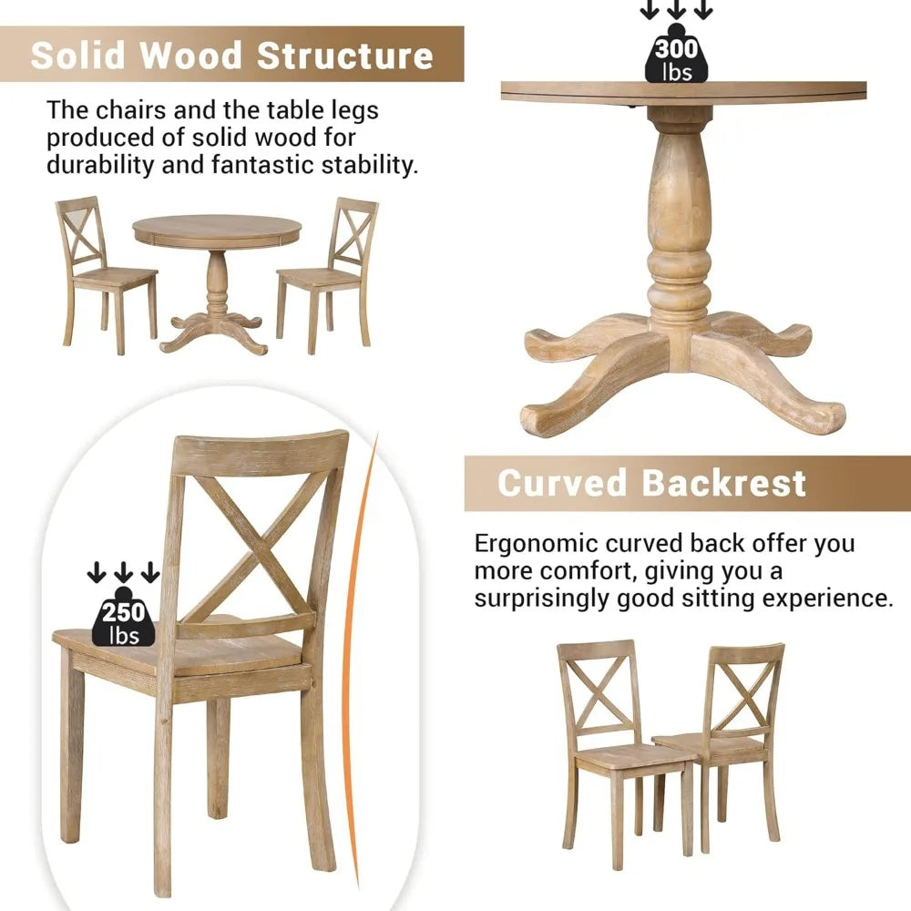 5 unique rural dining table sets, expandable round dining table and 4 chairs with backrests, kitchen dining table set