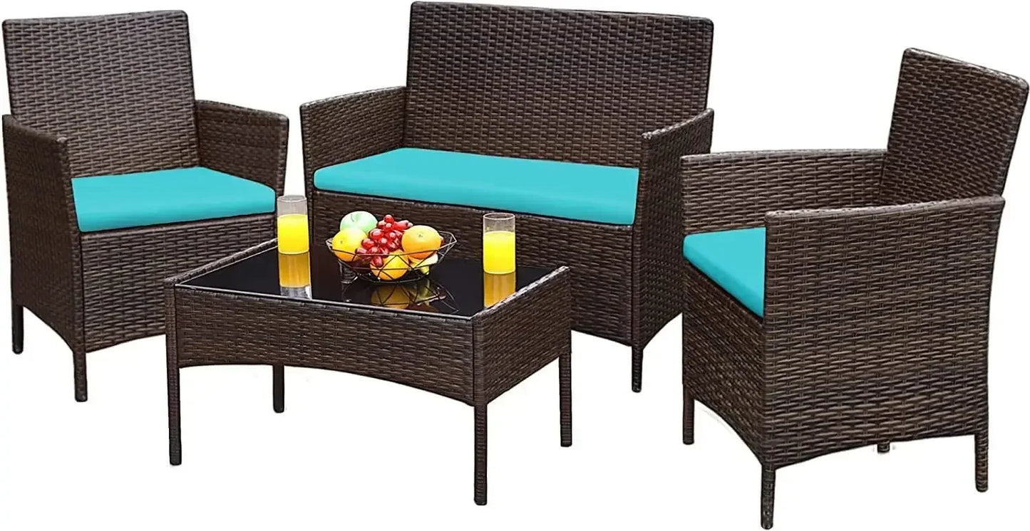Outdoor Sofa Set of 4 with Soft Cushion and Glass Table, Patio Furniture