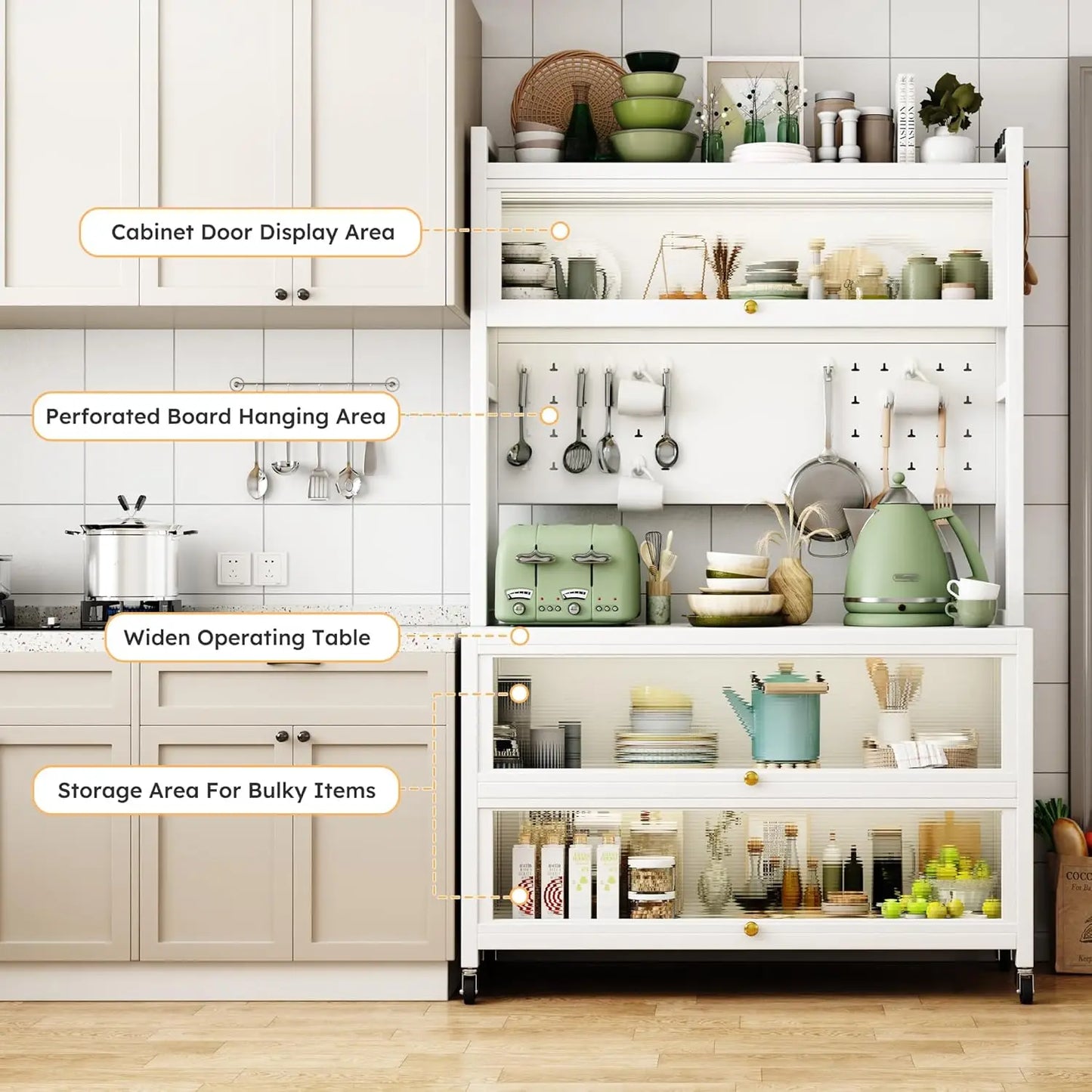 " Metal Kitchen Storage Cabinets with 10 Hooks Microwave Stand with Storagee