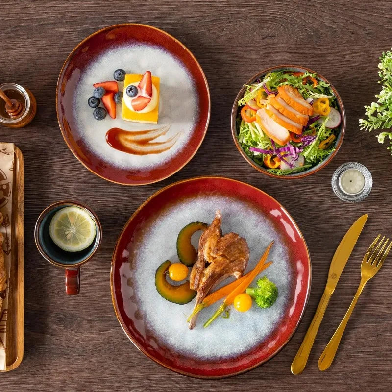 Red Dinnerware Set, Reactive Glaze Dinner Sets, Plates and Bowls Set for 4, 16 Pcs Ceramic Dish Set Stoneware