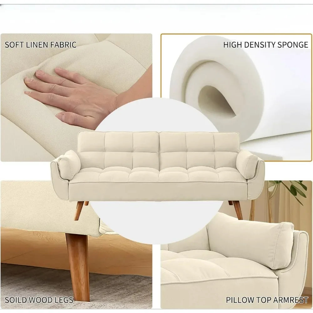 Tufted Sofa Convertible Futon Sofa Bed with Adjustable Backrests and Solid Wood Legs for Living Room, Bedroom