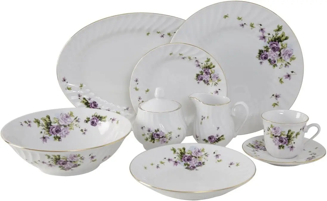Tableware Set 45-Piece Dinner Set With Gold Trim Vintage Floral Each Piece Is Shaped With A Fanciful Swirl Shape