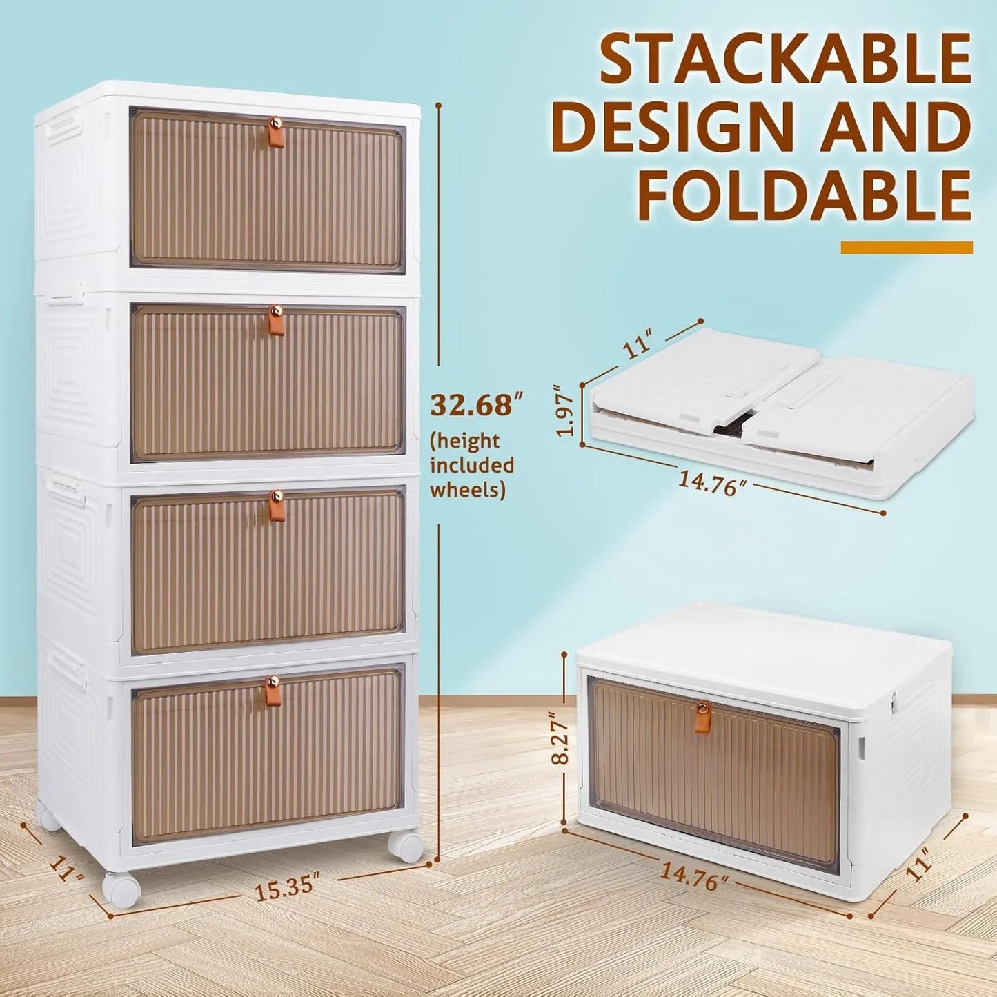 4 Tier Stackable Plastic Storage Bins with Lids and Wheels - 23QT Closet Organizers