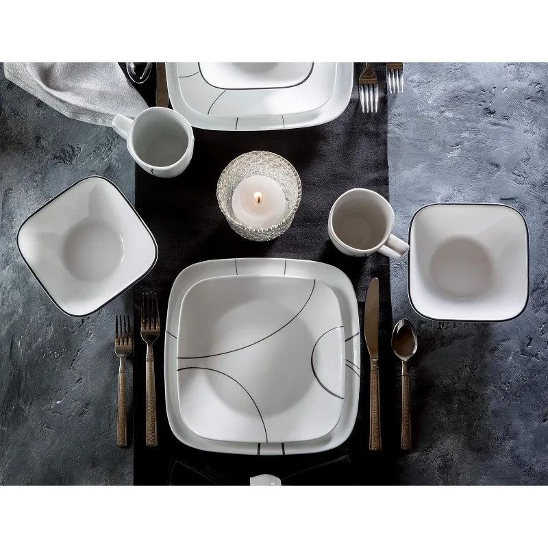 Dinnerware Set, Triple Layer Glass and Chip Resistant, Lightweight Square Plates and Bowls Set,