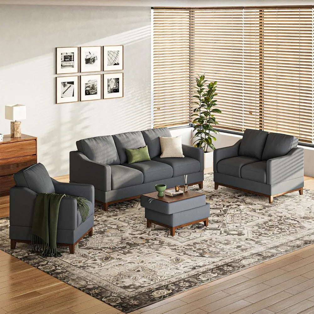 Sectional Sofa Couch Set with Coffee Table-Living Room Sofa Set with 3-Seater Couch, Loveseat Sofa and Armchair, Modern Versatil