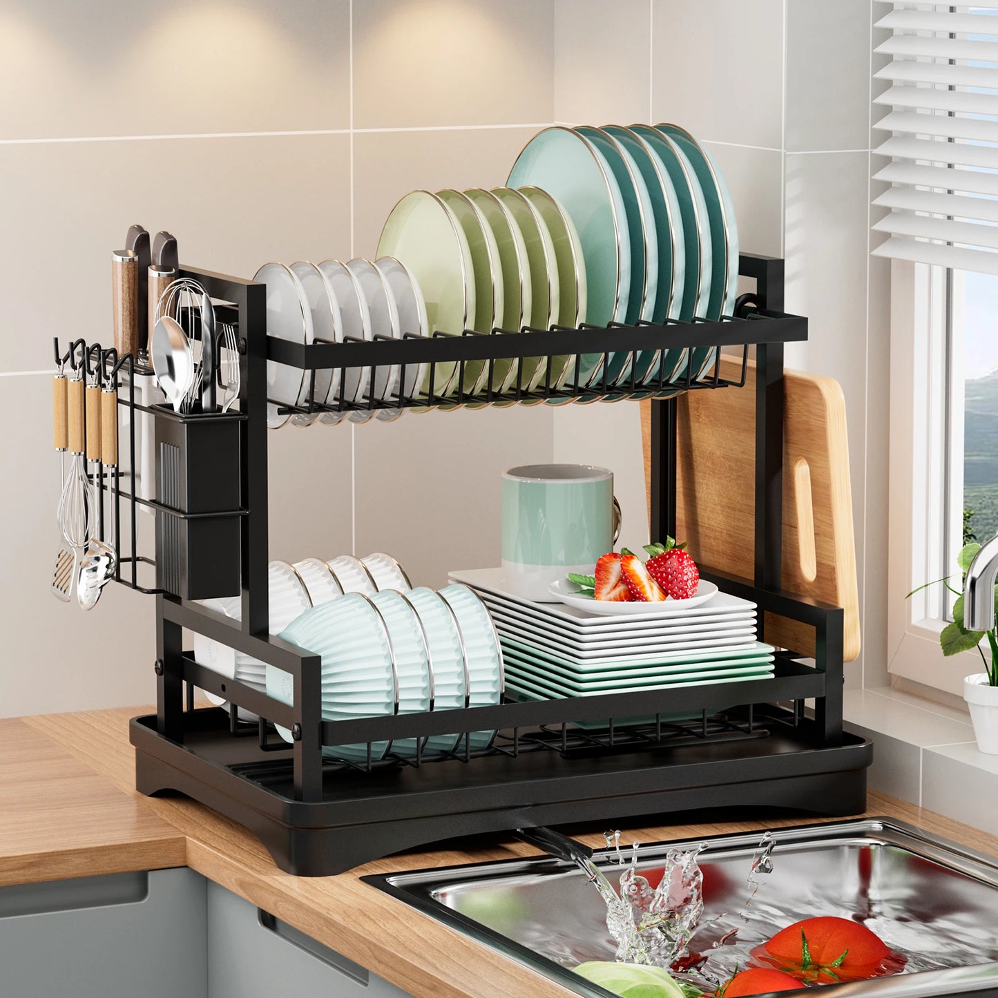 Dish Drying Rack, Space-Saving 2-Tier Dish Drying Rack