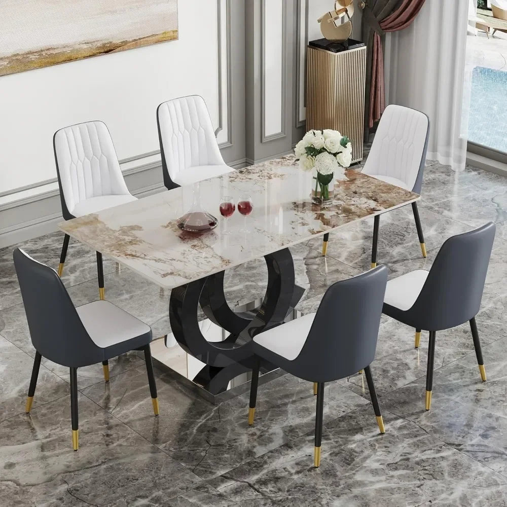 Dining Table Set for 6, PDLB Marble Tabletop & MDF Base, Glass Tables with 6 PU Leather Upholstered Chairs, Dining Room Set