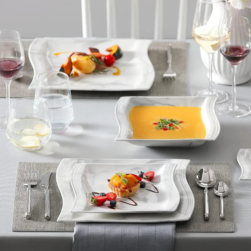 Porcelain Dinnerware Sets, Modern Square Dinner Set Plates and Bowls for Dessert, Salad and Pasta,