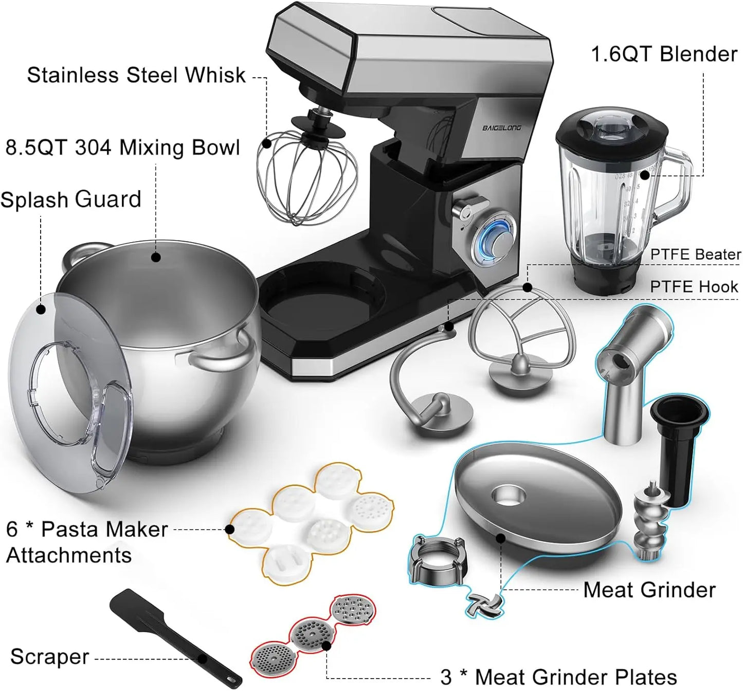 Electric Mixer Kitchen Mixer With Dough Hook, Whisk, Beater, Meat Grinder,