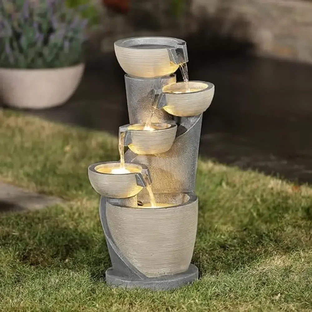 Modern Outdoor Water Fountain with LED Lights Durable Polyresin Garden Decor