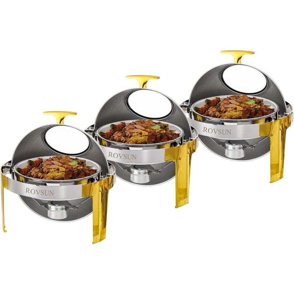 Chafing Dish Buffet Set Gold Accent,6 Quart Round Stainless Steel Chafer, Buffet Servers and Warmers