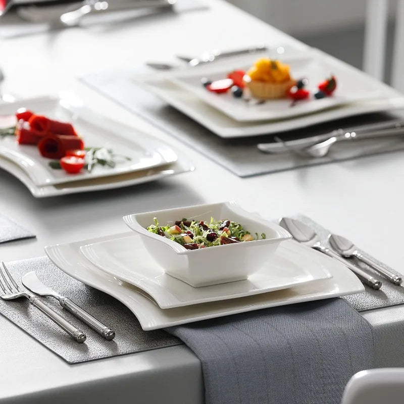 Porcelain Dinnerware Sets, Modern Square Dinner Set Plates and Bowls for Dessert, Salad and Pasta,
