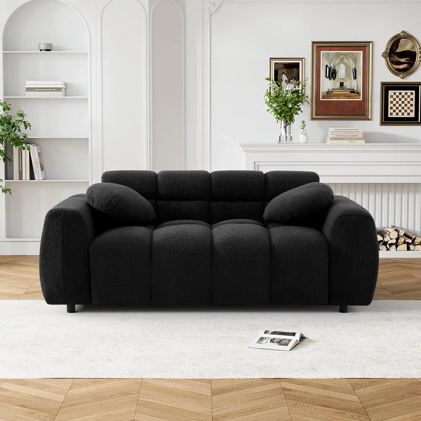 Tufted Upholstered Teddy 2 Seater Loveseat Sofa with 2 Pillows, Cozy Sherpa Deep Seat Cloud Couch