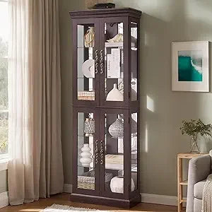 Lighted Glass Display Case, Wooden Wine Bar Cabinet with 6 Adjustable Shelves, Tempered Glass Doors,