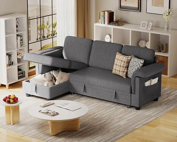 Sleeper Sofa L-Shaped Pull Out Sofa Bed with Storage Space Convertible Sectional Couches for Living Room/Bedroom/Office/