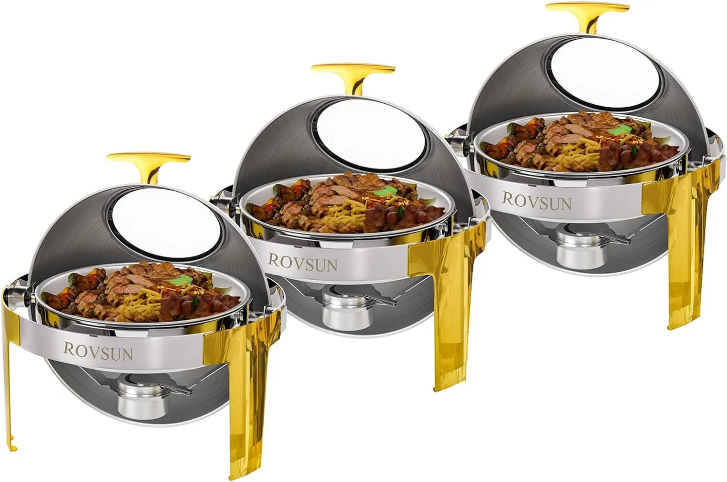 Chafing Dish Buffet Set Gold Accent,6 Quart Round Stainless Steel Chafer, Buffet Servers and Warmers