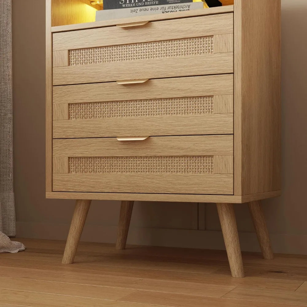 Rattan Nightstand with Charging Station USB Port Led Lights and 3 Storage Drawers, Bedroom Furniture Night Stand BedsideTable