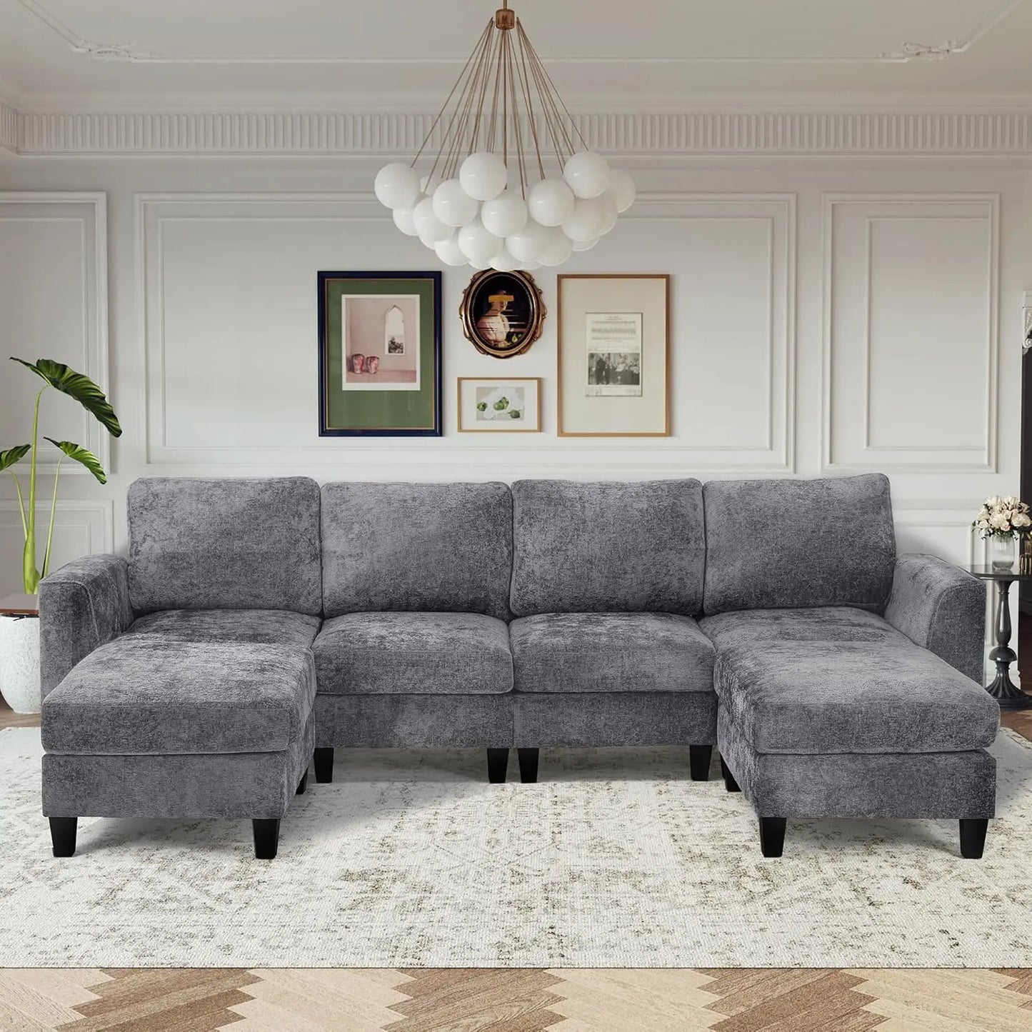 118" U Shaped Sectional Couches,4 Seat Modular Sofa with 2 Ottoman and Foldable Side Table for Living Room,Grey
