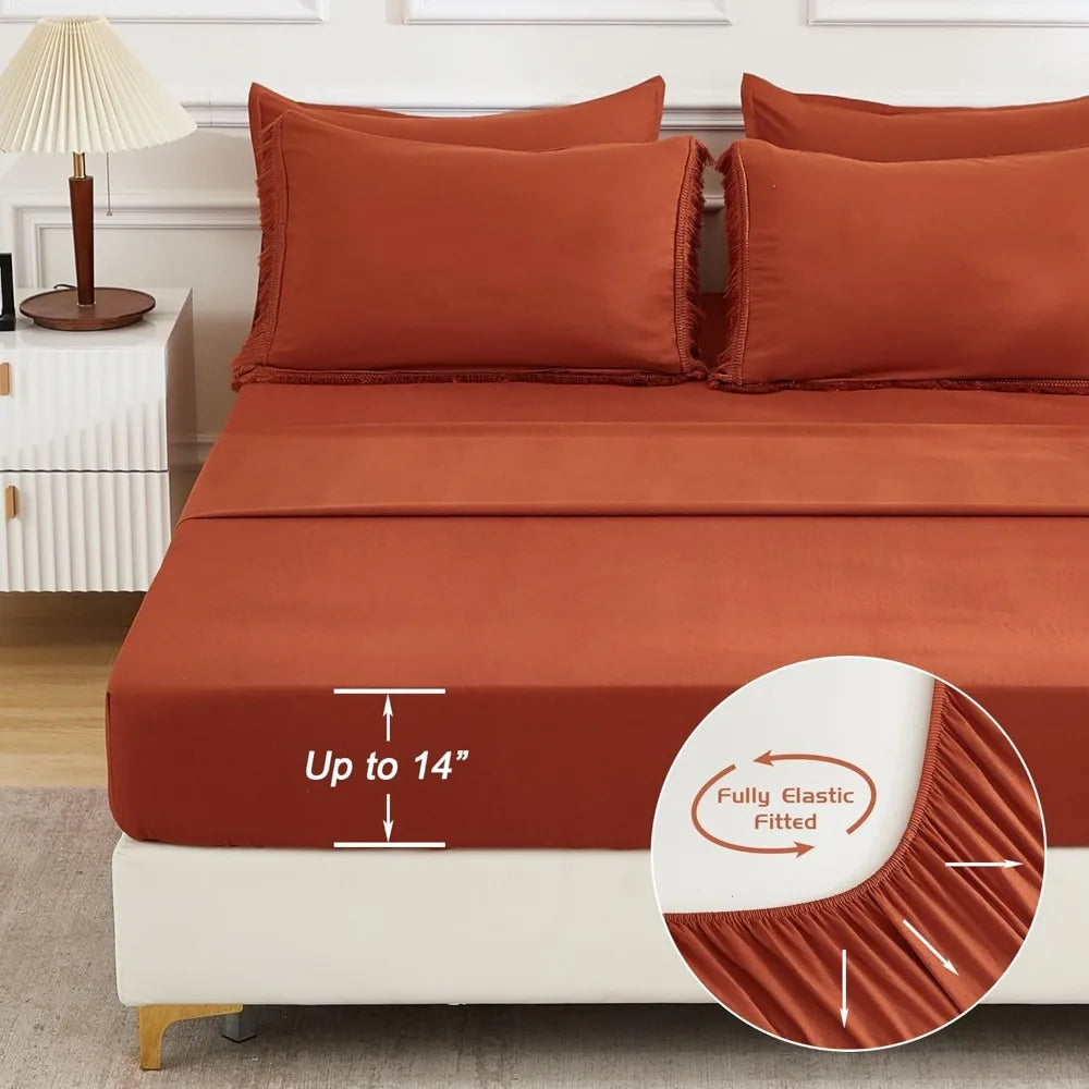 King Size Comforter Set with Sheets Burnt Orange - 7 Pieces Bed in a Bag Boho Soft Lightweight