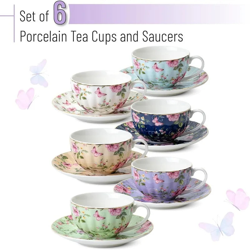 BTaT- Floral Tea Cups and Saucers, 7 oz, Tea Cups Set of 6, Porcelain Tea Cups, Cup & Saucer Sets, Cup Set of 6