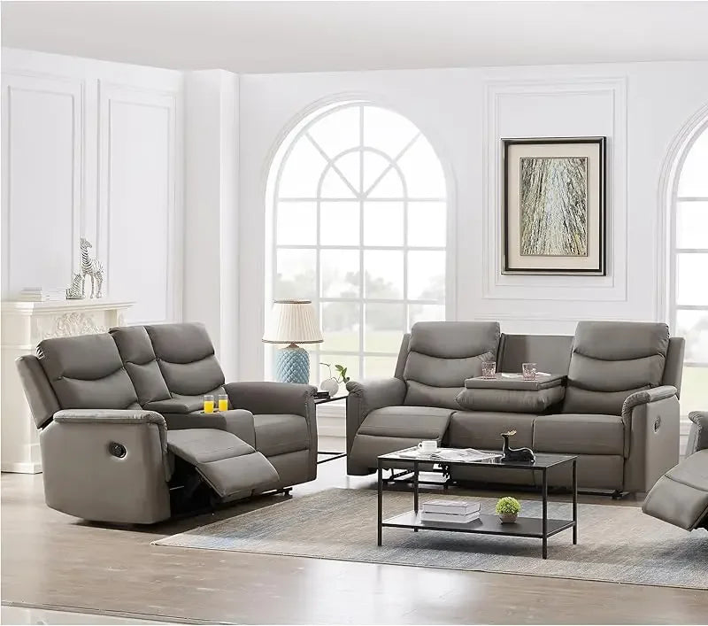 Sofa Set with 2 Recliners,3-Seater Leather Adjustable Loveseat Couch