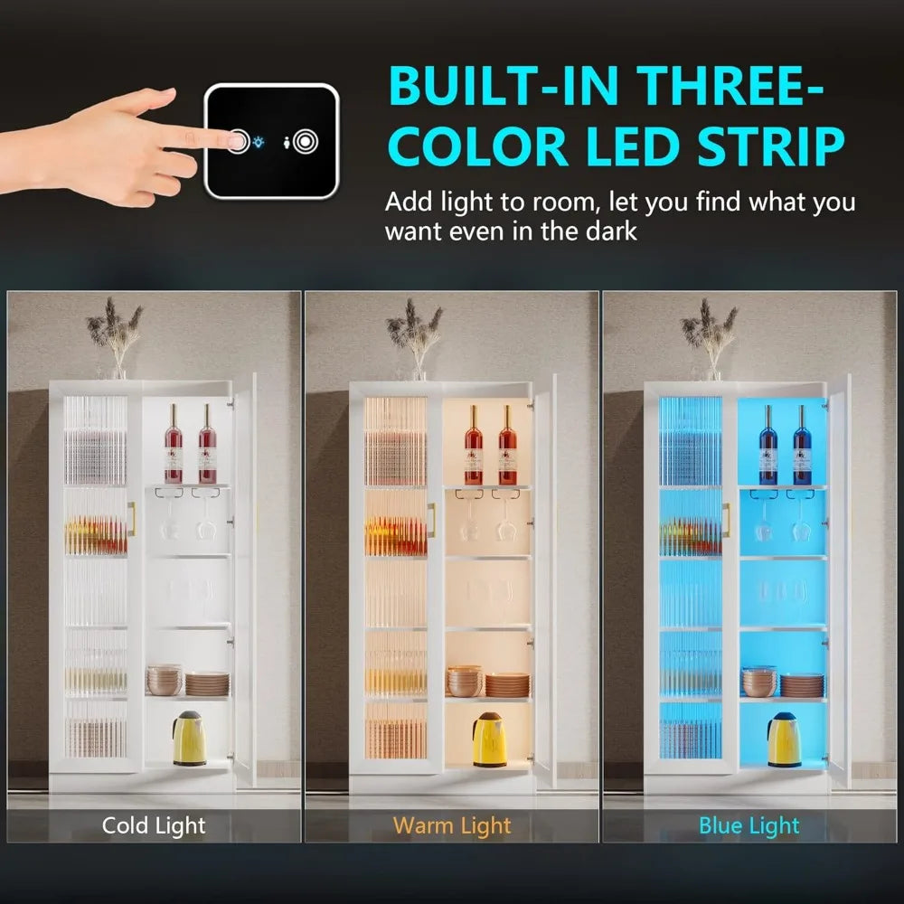 Storage Cabinet with LED Lights, Tall Bookcase Modern Bookshelf White Display Curio Cabinet with 2 Doors and 5-Tier Shelves