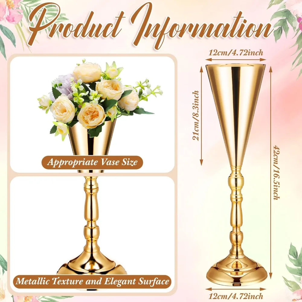 Tall Gold Vase Wedding Flower Trumpet Vase Tabletop Stand Table Decorative