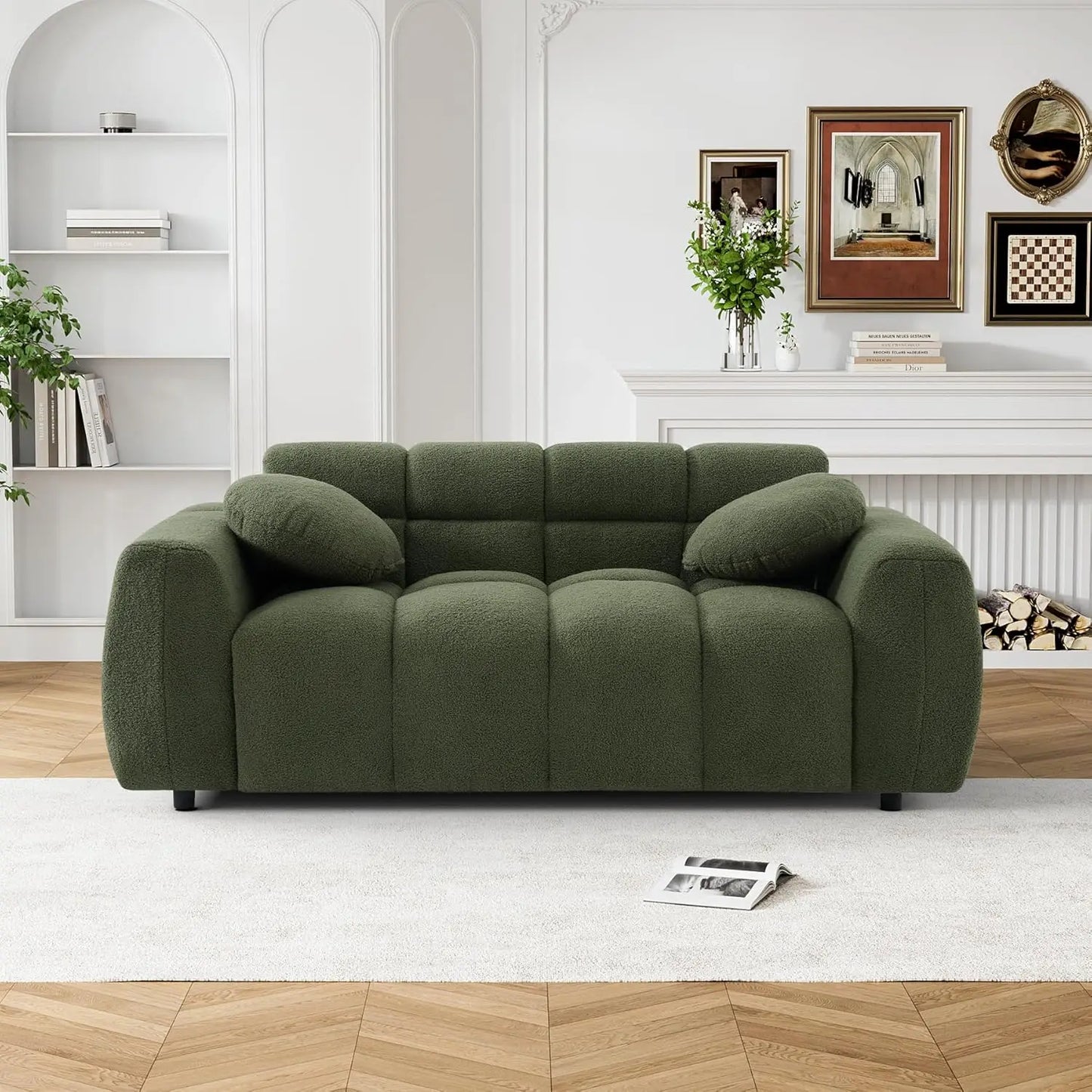 Tufted Upholstered Teddy 2 Seater Loveseat Sofa with 2 Pillows, Cozy Sherpa Deep Seat Cloud Couch
