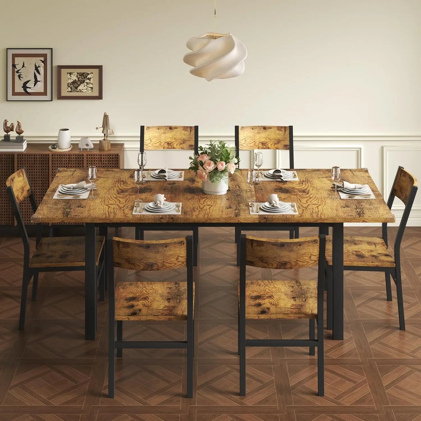 7-Piece Dining Room Table Set with 6 Chairs, 63" Extendable Dining Table & Chairs Set for 4-6, MDF Board & Metal Frame, Dinette