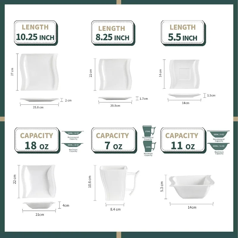 Porcelain Dinnerware Sets, Modern Square Dinner Set Plates and Bowls for Dessert, Salad and Pasta,