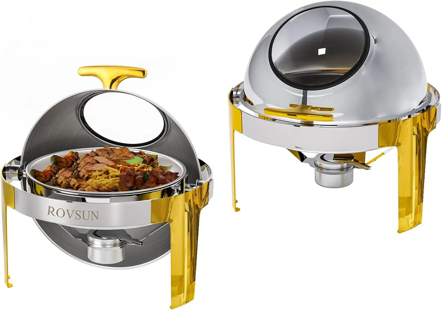 Chafing Dish Buffet Set Gold Accent,6 Quart Round Stainless Steel Chafer, Buffet Servers and Warmers
