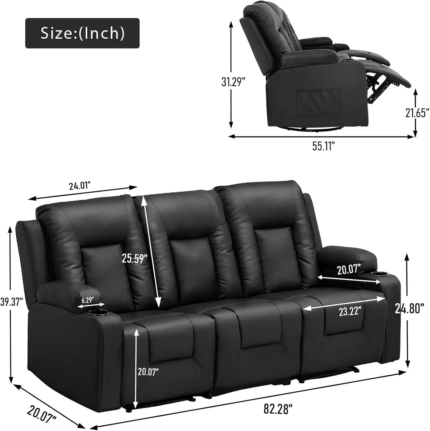 Recline Chair Set Furniture 2PC Bonded Leather Recliner Set Living Room Set Sofa Loveseat Black Living Room