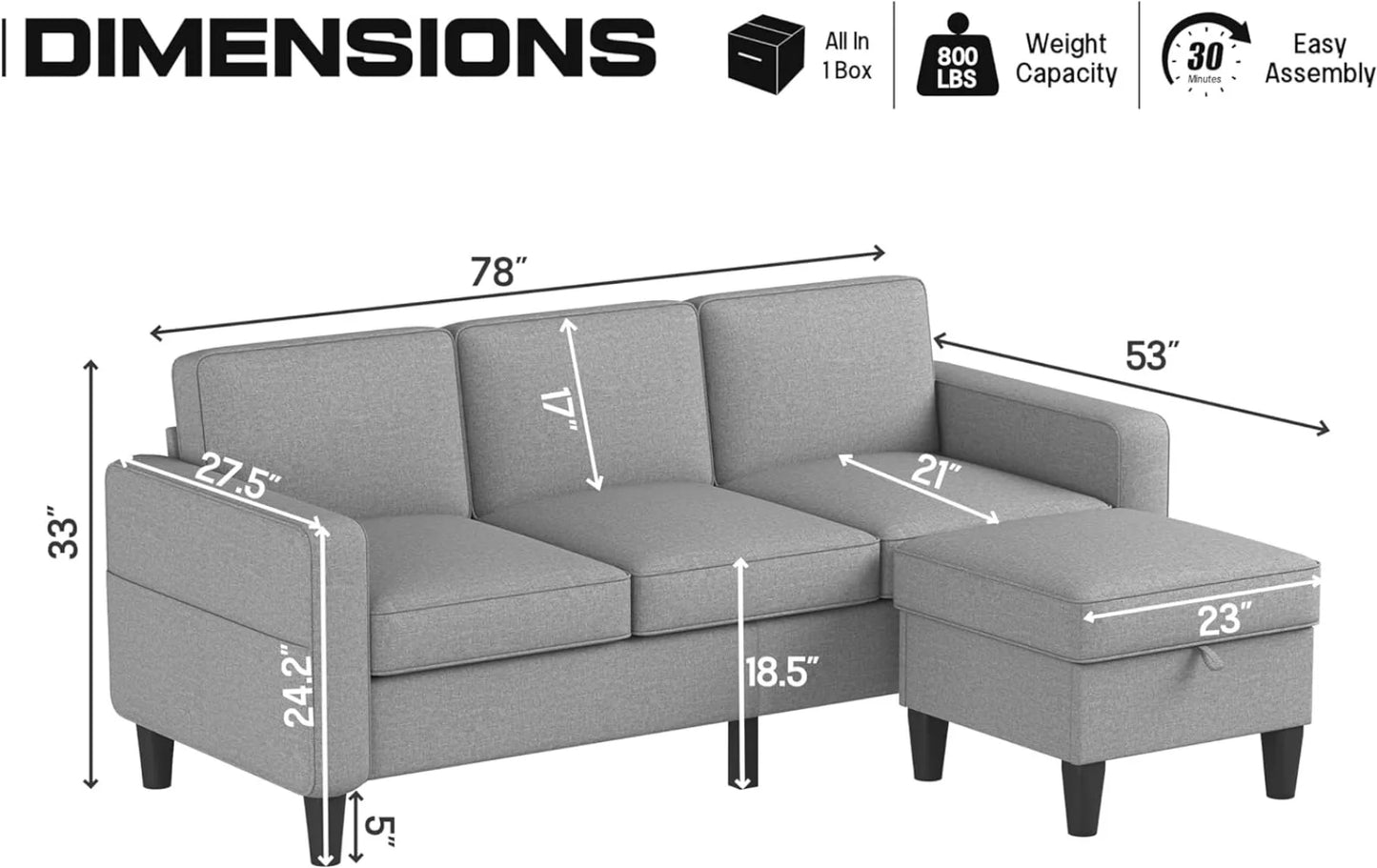 Sofa Couch Modern Beige Linen Fabric Upholstered 3-Seat L-Shaped Sofa Couch