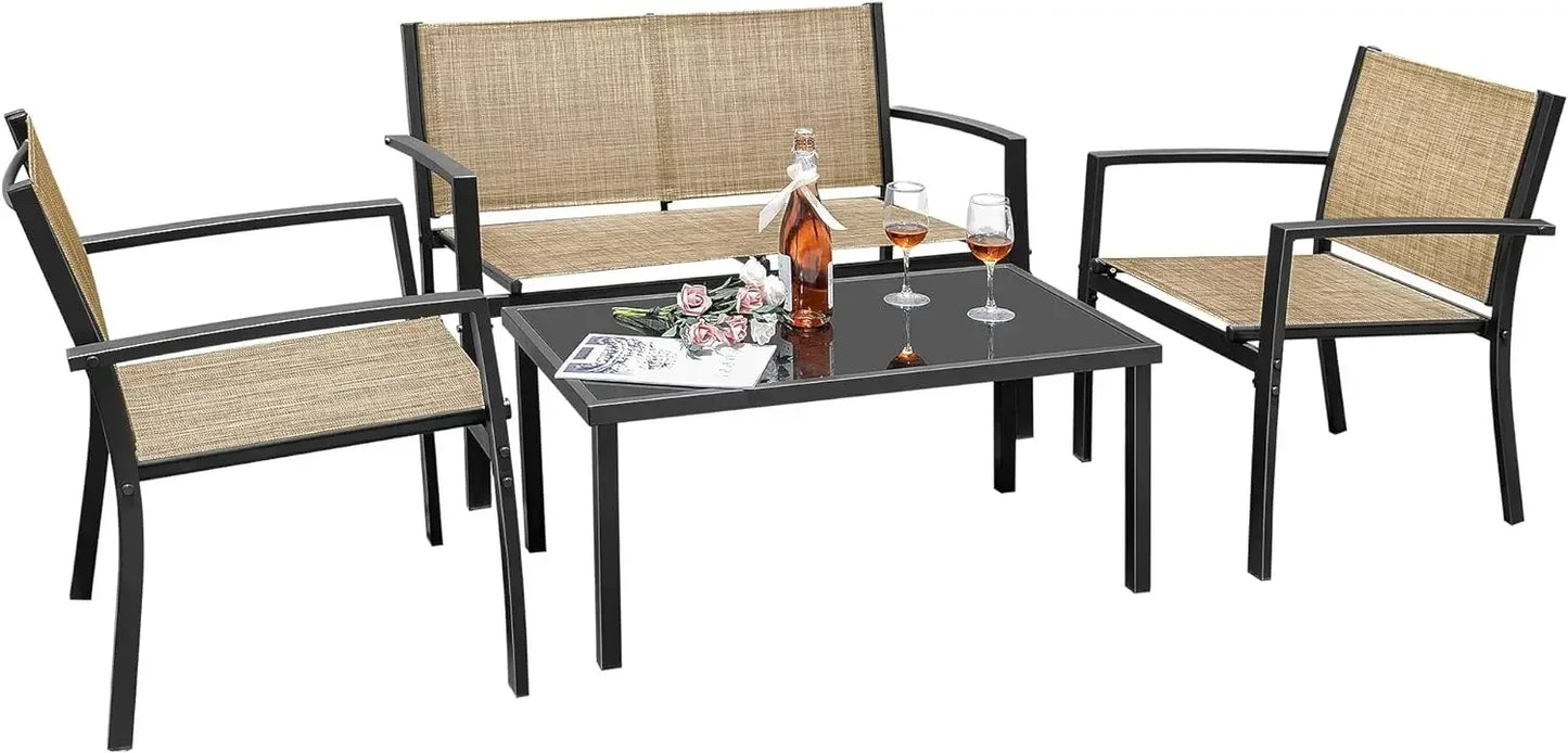 4 Pieces Outdoor Patio Furniture Modern Conversation Black Bistro Set with Loveseat Tea Table for Home, Lawn and Balcony