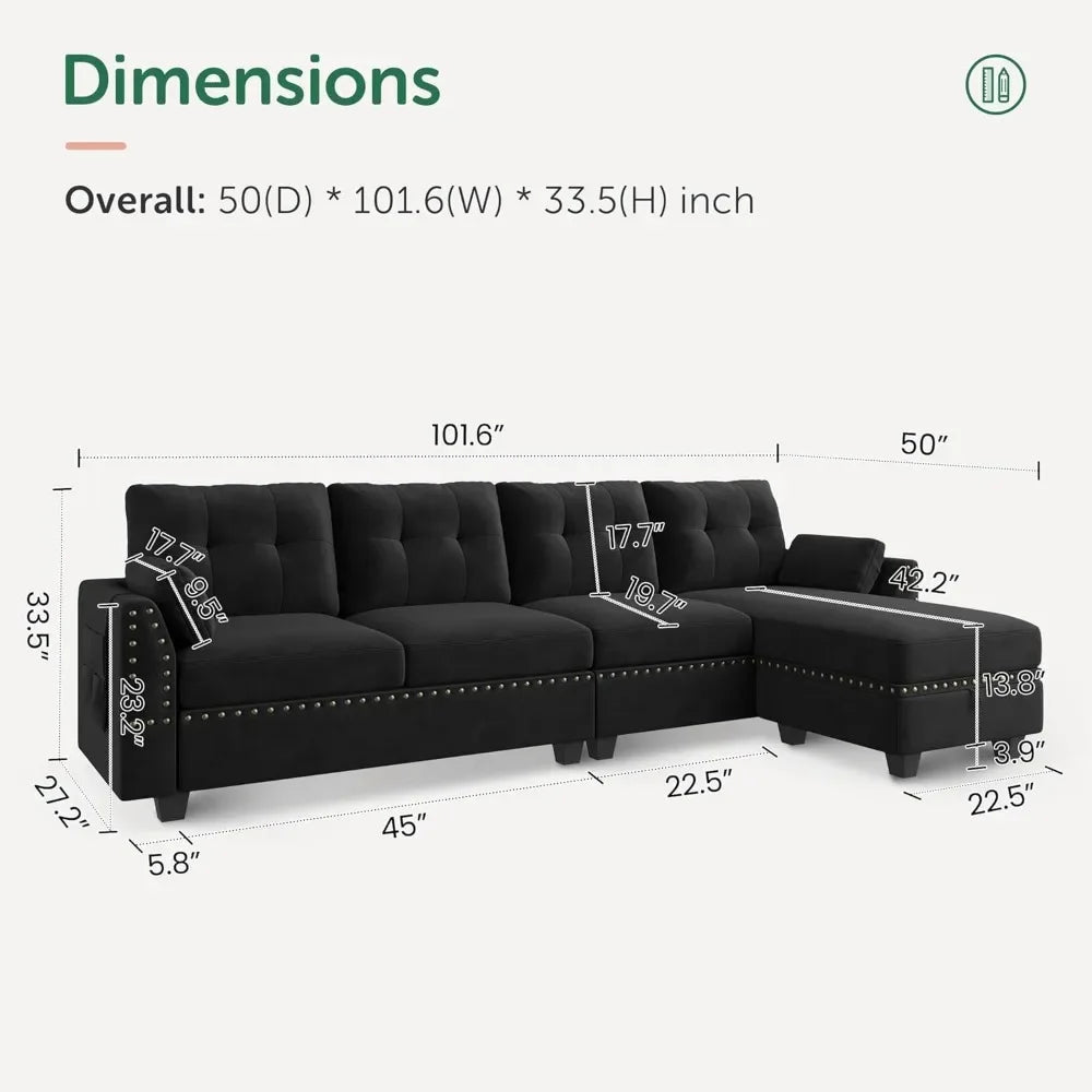 Convertible Sectional Sofa with 4 Seating, Storage Ottoman, Living Room Sofas