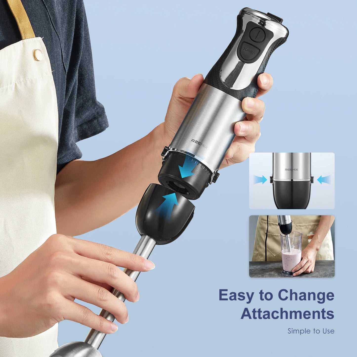 Hand Blender 1000W, Reemix 5-in-1 Electric Stick Blender, Copper Motor Stainless Steel Blade Stick