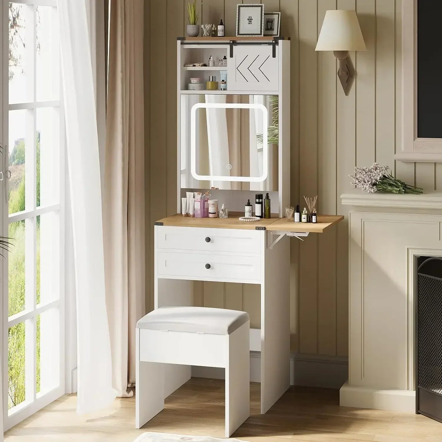 Vanity Desk Set with Adjustable Lighted Mirror and Storage Chair, Makeup Vanity Table for Small Space